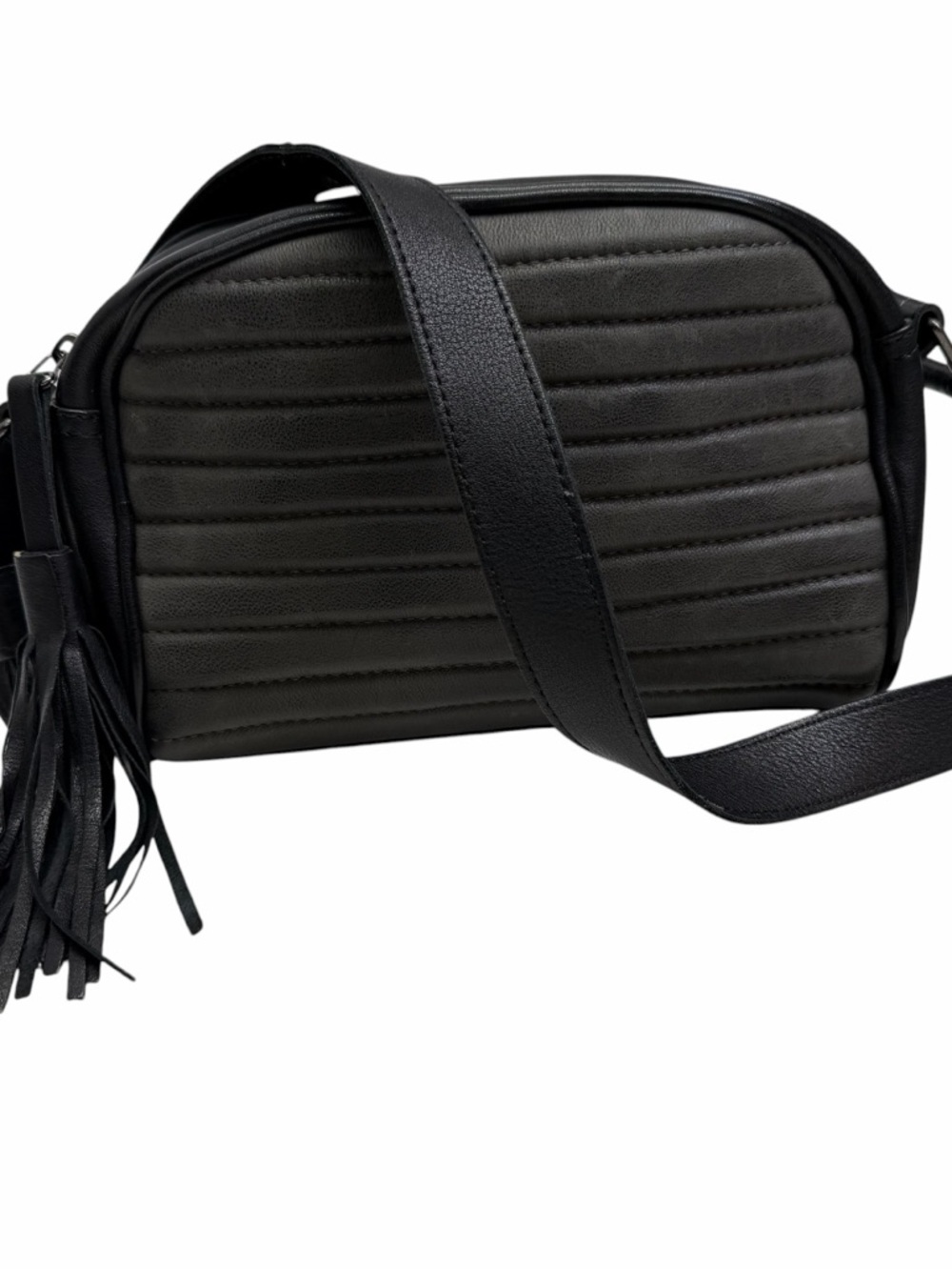 MJUS Leather Black Quilted Crossbody Camera Bag with Tassel